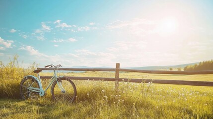 Poster - Bicycle resting near a wooden fence in a sunny field during a clear day in springtime. Generative AI