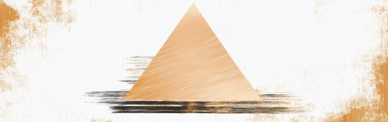 Fototapete - Elegant negative space design featuring a golden pyramid with brush stroke accents on a white background in an abstract composition