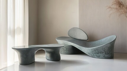 Poster - Elegant furniture with curved shapes in muted gray and teal for modern interior design