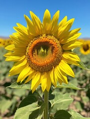 Poster - Close-up view of a bright yellow sunflower showcasing its vibrant petals and intricate center in a sunny field