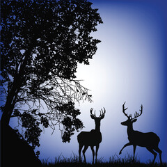 Wall Mural - two deers under dark large tree on blue