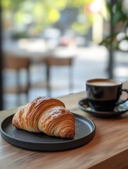 Poster - Freshly baked croissant on a plate beside a coffee cup in a bright cafe setting