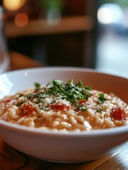 Poster - Creamy risotto garnished with herbs and tomatoes in an inviting setting