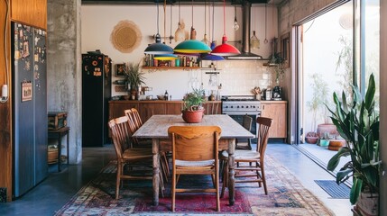 Poster - Eclectic dining area featuring mismatched chairs and colorful pendant lights in a cozy open space
