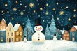 © NpicArt - Winter wonderland scene features snowmen houses trees and starry sky