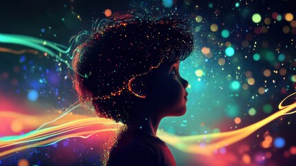 Aufkleber - Child glowing with vibrant colors in a magical ambiance during a nighttime celebration in a scenic location