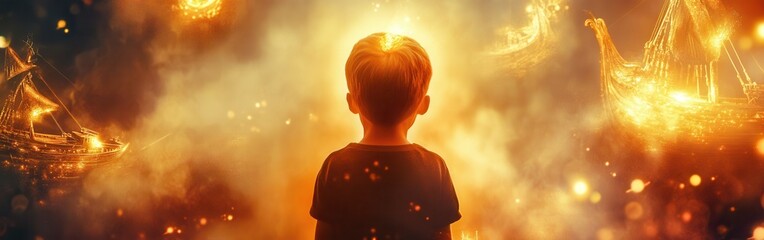 Aufkleber - Child gazes in wonder at a vibrant, glowing landscape filled with ethereal ships during twilight