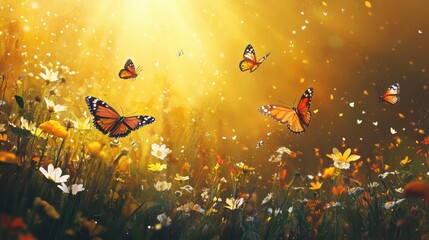 Aufkleber - Colorful butterflies flutter over a blooming meadow under a warm golden sun in spring