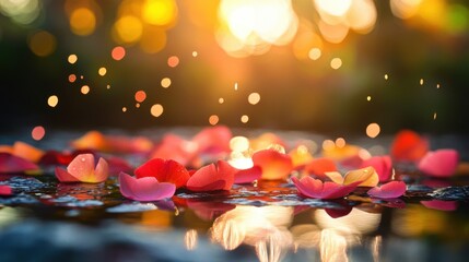 Aufkleber - Vibrant composition of rain-kissed petals in a lush garden at sunset