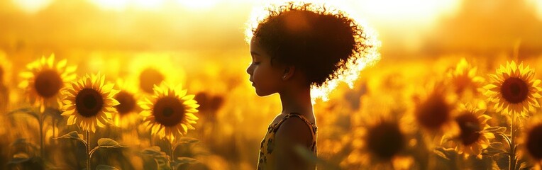 Aufkleber - Surreal portrait of a child glowing in a field of sunflowers during golden hour