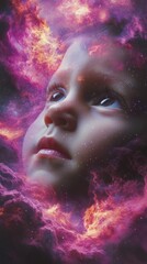 Leinwandbilder - Surreal portrait of a child's face filled with cosmic colors and ethereal cloud formations