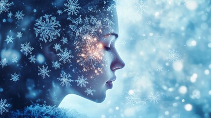 Fototapete - Serene profile of a woman surrounded by falling snowflakes in a winter wonderland setting