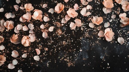 Aufkleber - Soft petals and shimmering particles create an enchanting display on a dark backdrop, evoking a magical atmosphere of tranquility