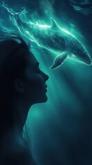 Poster - Silhouette of a woman underwater with a whale swimming above in a tranquil blue environment
