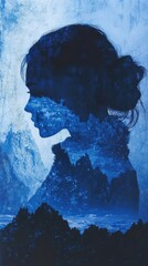Aufkleber - Portrait of a woman with a captivating silhouette blending into a serene landscape of mountains and water during twilight hours