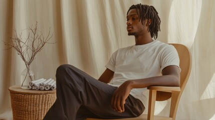 Poster - Relaxed young man with braided hair sits in a cozy indoor setting during a calm afternoon