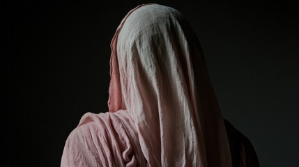 Poster - A mysterious figure wrapped in soft, pale pink fabric stands silently in an understated room. The ambient darkness embraces them, creating an atmosphere of intrigue and contemplation