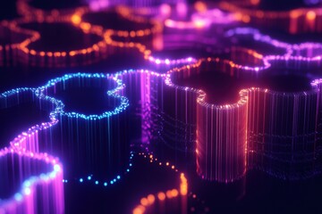 Leinwandbilder - Colorful glowing abstract shapes create an immersive digital landscape at night. Generative AI