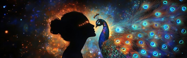 Aufkleber - Mystical silhouette of a woman illuminated by vibrant peacock displaying its feathers in a cosmic environment