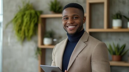 Aufkleber - Professional portrait of a young man in a modern office setting with greenery and stylish decor