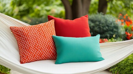 Bohemian-style outdoor pillows in bold red, orange, and turquoise, placed on a white hammock in a garden