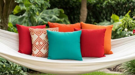 Bohemian-style outdoor pillows in bold red, orange, and turquoise, placed on a white hammock in a garden