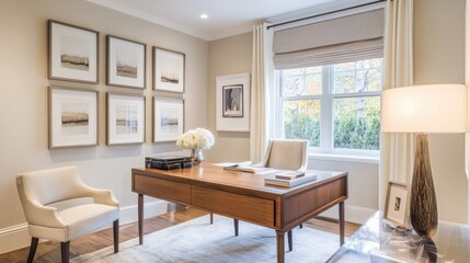 Aufkleber - Stylish home office with framed art and modern furnishings in a bright, inviting space