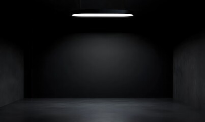Fototapete - A minimalistic black room with a single overhead light, creating a dramatic effect, no people