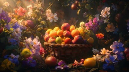 Poster - Glowing fruit basket surrounded by vibrant flowers in a serene setting