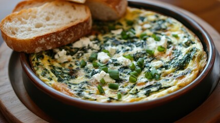 Aufkleber - Fresh light spinach frittata served with crusty bread on a wooden platter