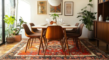 Poster - Vibrant Persian-style rug complements modern dining room design with elegant table and chairs