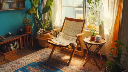 Aufkleber - Cozy nook featuring a folding armchair and natural light in a charming room with plants and decor