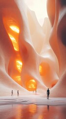 Fototapete - Glowing desert landscape with figures highlighting surreal formations at sunset