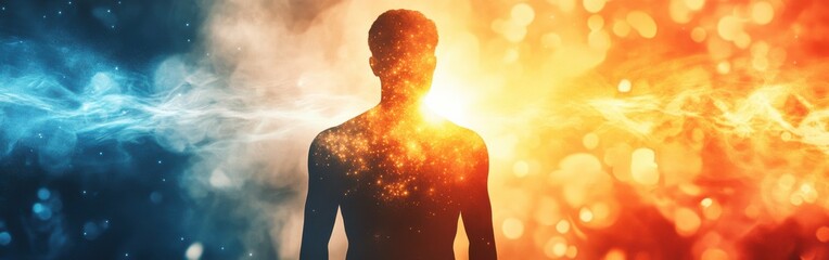 Poster - Conceptual representation of a glowing man standing between contrasting elements of light in a vibrant setting