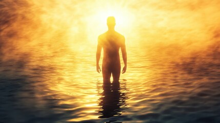 Poster - Man standing in golden water with glowing light at dawn in a tranquil atmosphere
