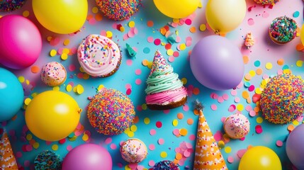 Poster - Brightly colored festive stickers featuring balloons, confetti, party hats, and delicious cakes set for a joyful celebration. Generative AI