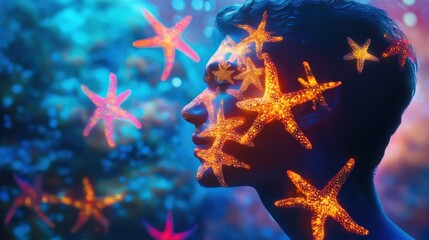 Leinwandbilder - Man with glowing starfish patterns on his face against a shimmering blue background in a surreal environment