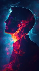 Leinwandbilder - Man glows with vibrant colors amid smoke in a conceptual artistic representation of energy and creativity