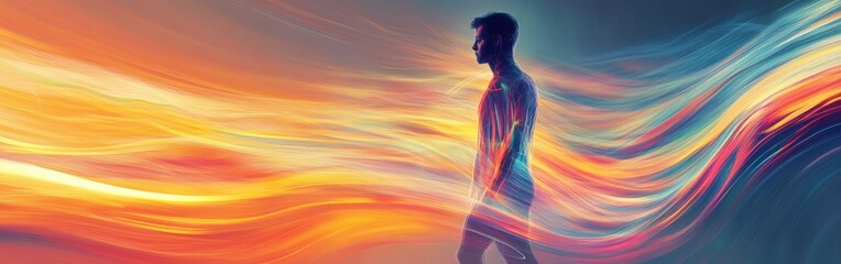 Poster - Man glowing with vibrant colors walking in an abstract landscape during twilight hours
