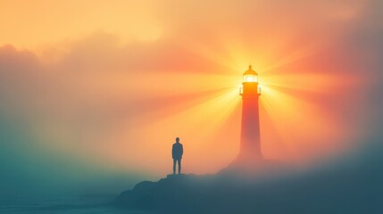 Aufkleber - Man standing near a glowing lighthouse as sunlight breaks through foggy atmosphere at dawn