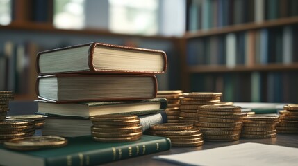 Poster - Educational books stacked on a table with gold coins surrounded by a library backdrop