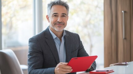 Poster - Calm middle-aged man with short gray hair working with a tablet in a bright office setting during the day