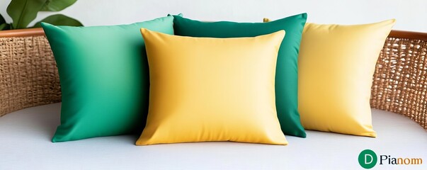 Colorful ombre pillows transitioning from green to yellow, styled on a shaded daybed