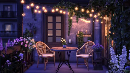 Aufkleber - Parisian balcony adorned with flowers and soft lighting creates a cozy atmosphere for evening relaxation