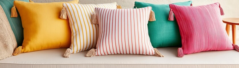 Colorful striped pillows with tassels, arranged on a boho outdoor couch