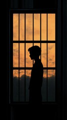 Poster - Silhouette of a person against a sunset sky viewed through window bars during twilight hours