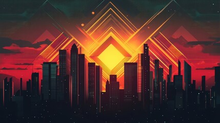 Poster - Futuristic cityscape with glowing geometric shapes and red sky