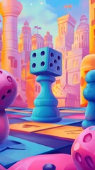 Wall Mural - Dice sits atop chess piece among a colorful city