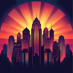 Poster - Cityscape silhouette against a radiating sunrise in art deco style