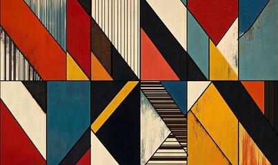 Fototapete - Abstract geometric pattern featuring various colored triangles and stripes. A seamless pattern that captures creativity against a backdrop of trendy primary colors. 
